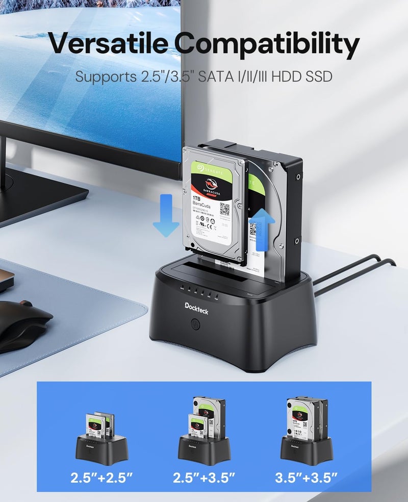 Dockteck Hard Drive Docking Station, USB 3.0 to SATA Dual Bay External Hard Drive Enclosure for 3.5 or 2.5 inch SATA HDD SSD with Offline Clone - Image 2